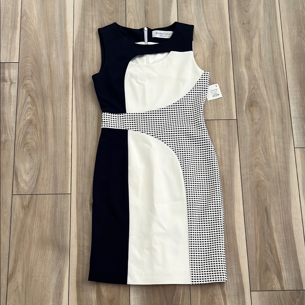 Patrizia Luca Navy and White Sheath Midi Dress